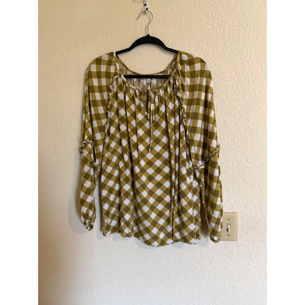 The Pioneer Woman Olive Green Gingham Peasant Blouse Ruffle Sleeve 947P80217PW L